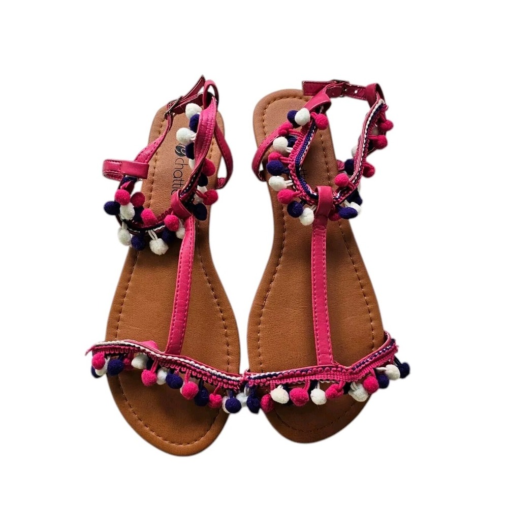 Chatties Purple‎ Pink & White Pom Pom Sandals Size 7/8 Adjustable Straps